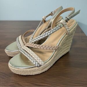 Nine West Nude Metallic‎ Espadrille Wedge Sandals Sz 8
